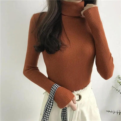 Vintage Style Autumn Winter Thick Sweater For Women Knitted Ribbed Pullover Sweater Long Sleeve Turtleneck Slim Jumper Soft Warm Pullover