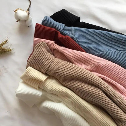 Vintage Style Autumn Winter Thick Sweater For Women Knitted Ribbed Pullover Sweater Long Sleeve Turtleneck Slim Jumper Soft Warm Pullover