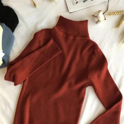 Vintage Style Autumn Winter Thick Sweater For Women Knitted Ribbed Pullover Sweater Long Sleeve Turtleneck Slim Jumper Soft Warm Pullover