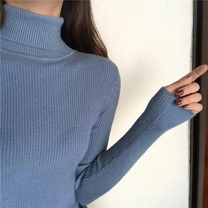 Vintage Style Autumn Winter Thick Sweater For Women Knitted Ribbed Pullover Sweater Long Sleeve Turtleneck Slim Jumper Soft Warm Pullover